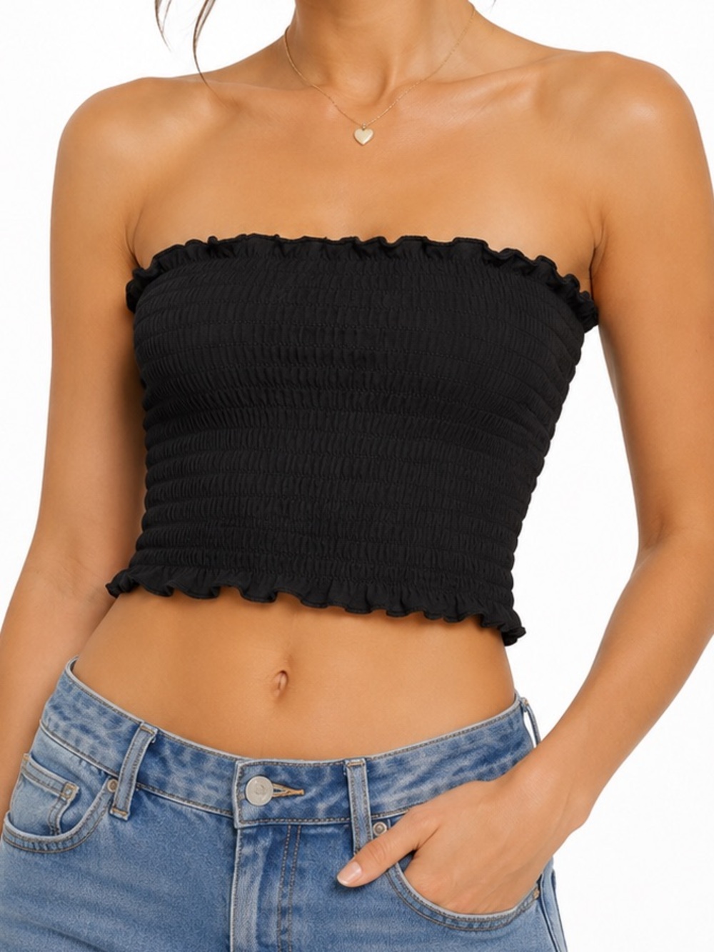 Aritzia Sunday Best Black Smocked Ruffle Bandeau Top